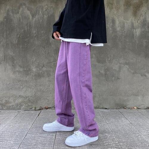 Purple Denim Jeans for Men Straight Loose Spring Fall Oversize Wide-Leg Pants High Street Bright Line Vintage Men Jeans Trousers