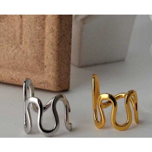 18k gold Authentic 1pc S925 Sterling Silver FINE Jewelry white/ gold Wave Line ring adjust TLJ1304