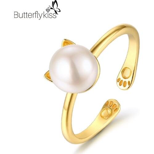BK Cute Meow Palm Open Rings For Women Girl 6-6.5mm Natural Freshwater Pearl 925 Sterling Silver Wedding Engagement Fine Jewelry