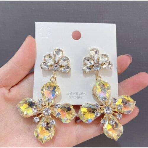 Korean Luxury Wholesale Yellow Crystal Flower Drop Earrings For Women Girls Fashion Joker Jewelry Pendientes Brincos