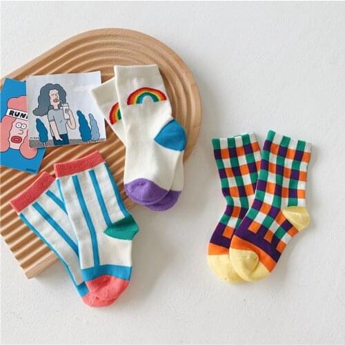Korean Style Unisex Kids Socks Rainbow Plaid 2020 Autumn Cartoon Graffiti Children Chic Socks 3 pairs