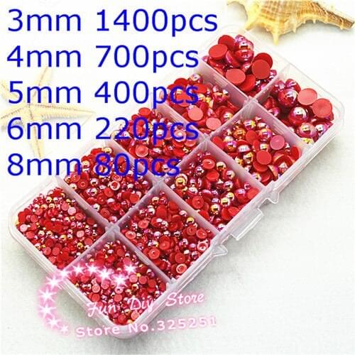 AB red pearl box flat back pearl 3 4 5 6 8mm 2800pcs ABS half pearl