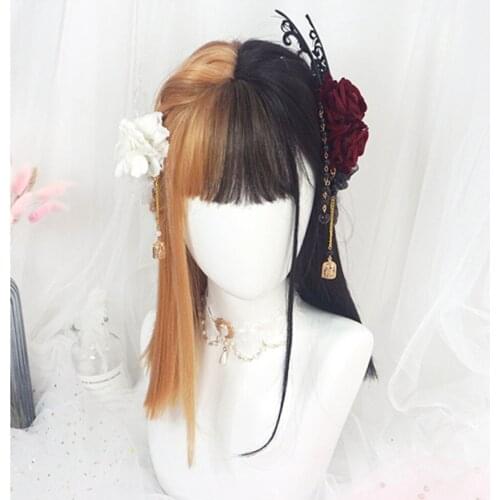 CosplayMix 38CM Heat Resistant Lolita Black Mix Blonde Ombre Bangs Halloween Party Long Straight Synthetic Hair Cosplay Wig+Cap