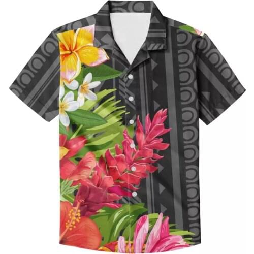 HYCOOL 2021 Summer Luxury Red Black Shirt Men New Polynesian Tribal Short Sleeve Black Hawaii Floral Social Men Club Prom Shirt