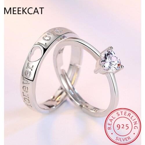MEEKCAT Brand Fashion Silver Jewelry Dear Couple Heart-Shaped Hollow Ring Opening Silver Ring Adjustable Simple Popular Gift