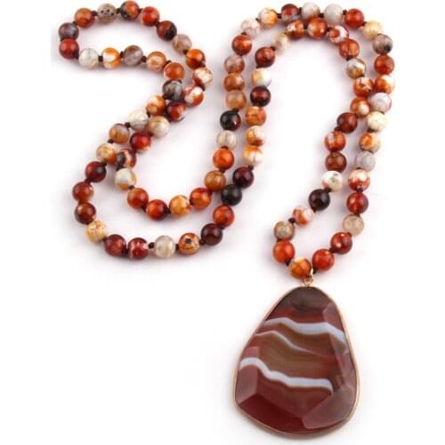 Fashion 8mm Natural Stone Knotted with Stone Pendant Handmade Necklace Women Jewelry