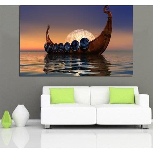 Wall Art Painting Moon Ship Landscape Canvas Modern Scandinavian Poster for Living Room Frameless