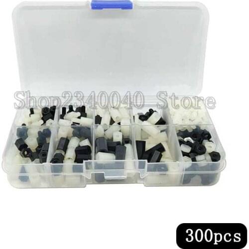 300pcs/set M3 Nylon Screw White/Black Female Male Hex Nylon Standoff Spacer Column Flat Head Nylon Plastic Spacing Screws Nuts