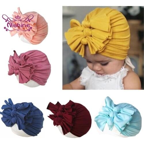 Nishine Baby Girls Soft Comfortable Cotton Hats Solid Color Handmade Bowknot Infant Caps DIY Party Decoration Kids Accessories