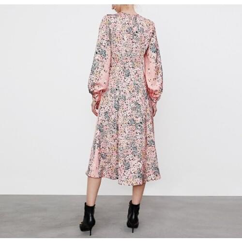 New ladies round neck lantern sleeve floral print dress girl elegant long dress cocktail party dress