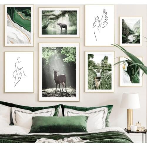 Rain Forest Deer Elephant Green Petals Ink Nordic Posters And Prints Wall Art Canvas Painting Pictures For Living Room Decor