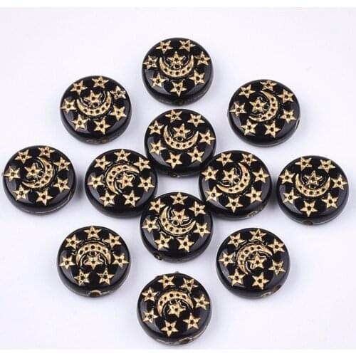 100pcs 13mm Flat Round Plating Metal Enlaced Acrylic Beads Black Moon Star Beads for Diy Jewelry Making Bracelet Accessories