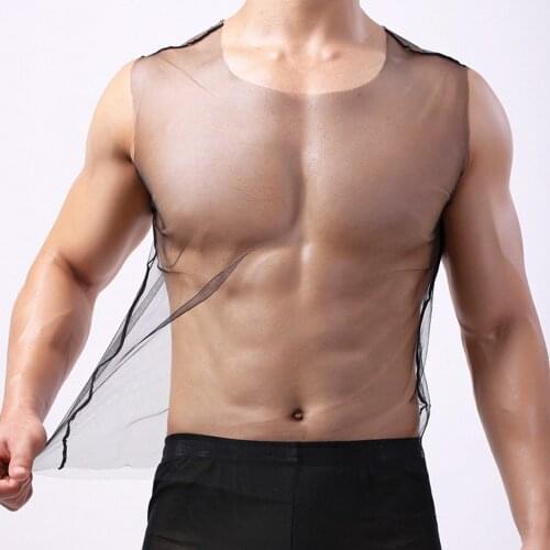 Transprent Mesh T-shirt Mens Sexy See Through Fishnet Gym Training Tank Man Vest Underwear Nightclub Sheer Tops Gay Clothing