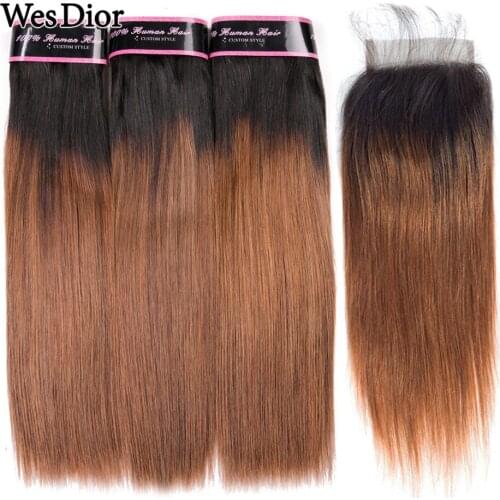 Colored Straight Human Hair Bundles With Closure Remy 1B/30 Brazilian Straight Weave Human Hair Bundles With 4x4 Lace Closure