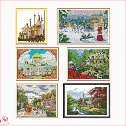 Joy Sunday Church Landscape Series Pattern Counted Cross Stitch 14CT 11CT Embroidery Kit Needlework Set Home Decoration Painting