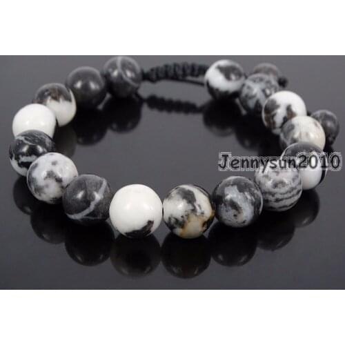 Handmade 10mm Adjustable Natural Black and White Zebra Gems Stone Round Beads Bracelet Healing Reiki 5 Strands/Pack