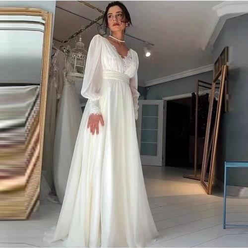 Wedding Dress Vintage Lace Puff Long Sleeves Chiffon A Line V Neck Bride Gown Floor Length Elegant Bride Dress Vestido De Noiva