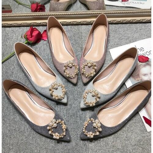 Pointed toe sequined fabric women flats luxury pearl buckle single flat shoes glitter ballet flats crystal beads bride shoesNS28
