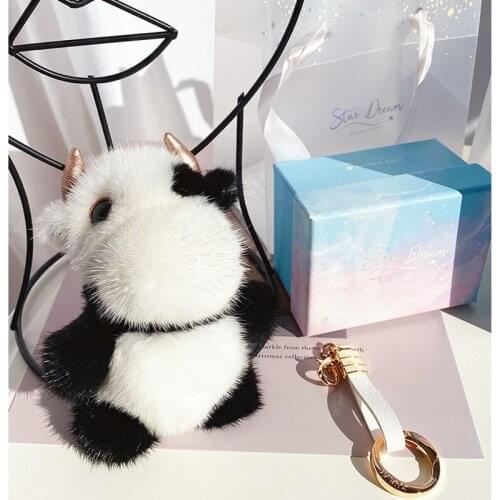 Mink hair cow doll bag pendant cute plush doll high quality fashion gift real hair light luxury toys for children