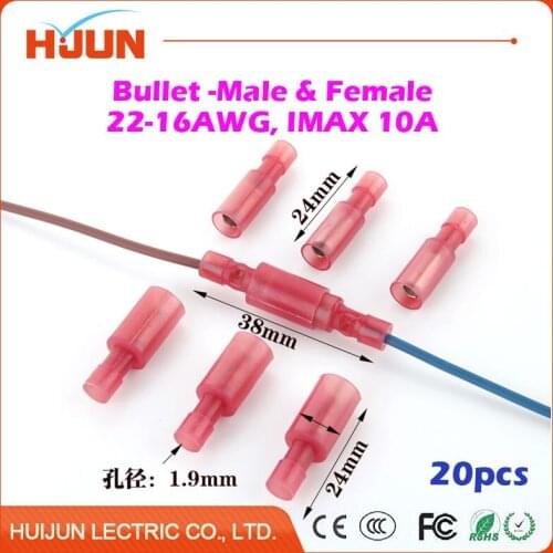 20pcs/lot Bullet-Male & Bullet-Female Red Quick Disconnect Wire Splice Insulation Terminal Connector 22-16AWG 0.5-1.5mm2 10A