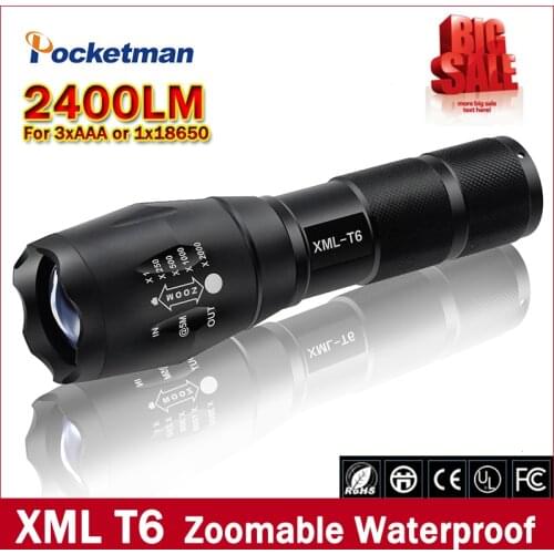 Big Promotion Ultra Bright XML T6 LED Flashlight 5 Modes 2400 Lumens Zoomable LED Torch Free shipping