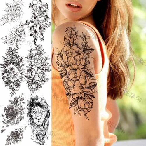 Large Black Peony Flower Temporary Tattoos For Women Girl Adults Flora Lion Realistic Fake Tattoo Butterfly Body Arm Sexy Tatoos