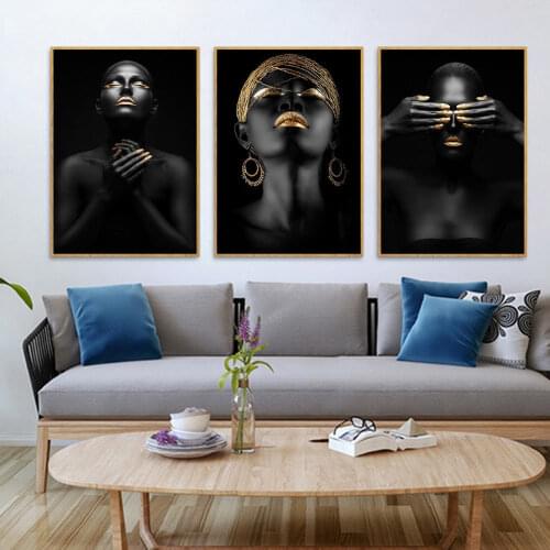 Black Gold African Woman Portrait Canvas Painting Sexy Model Beauty Art Portrait Photography Poster Study Bedroom Decor Pictures