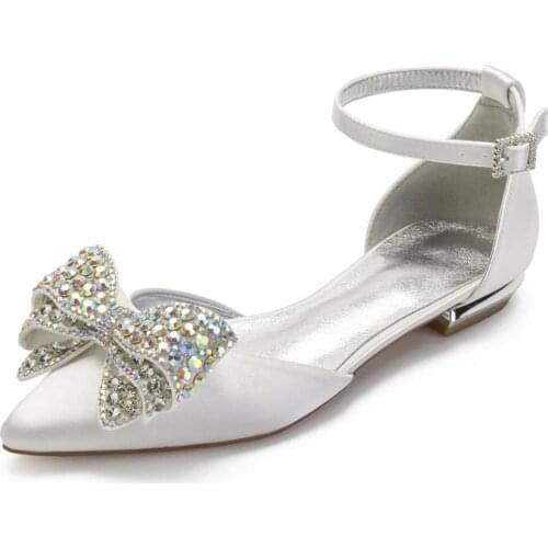 Pointed toe D'orsay lady satin evening dress shoes ankle strap w diamond rhinestone bow bowknot sweet girl birthday prom flats