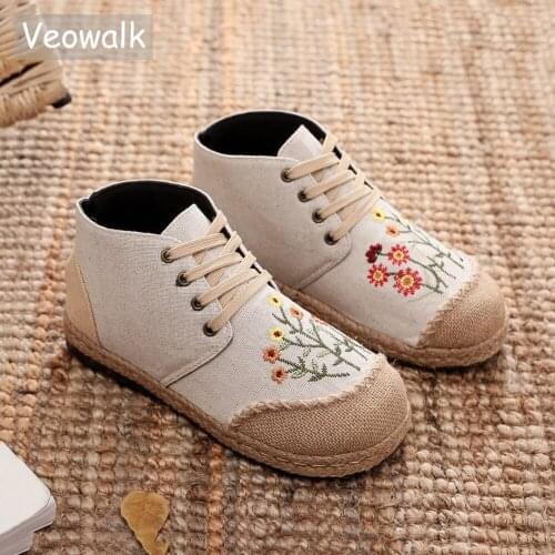 Veowalk Handmade Women Canvas Embroidered High Top Lace Up Espadrilles Sneakers Autumn Casual Booties Shoes Gray Beige Black