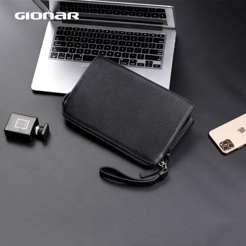 GIONAR Mens Genuine Leather Wrist Bag Designer Male Zipper Long Wallet with Credit Card Holder Luxury Clutch Black Wristlet