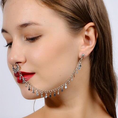 Fashion Indian Party Nose Rings Non Piercing Women Punk Earrings Chain Geometric Tassel Chain Earring Fake Nose Clip Jewelry