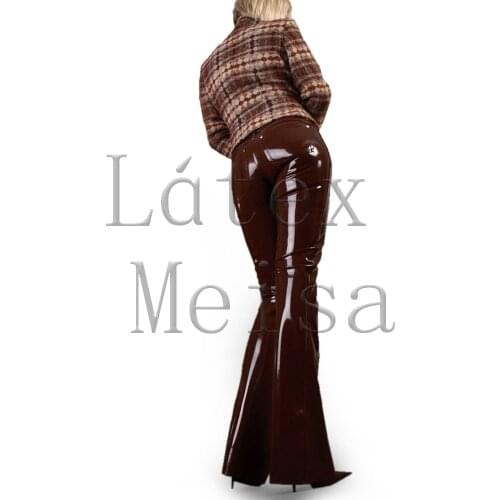 Brown color latex flare pants womens latex trousers no zip made from 100% natural latex materials