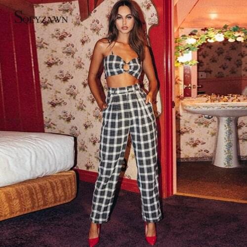 Summer New Plaid Sexy Fashion Two Piece Suit Women Metal Ring Hollow Out Camisole Tops Straight Trousers Matching Sets Sweatsuit