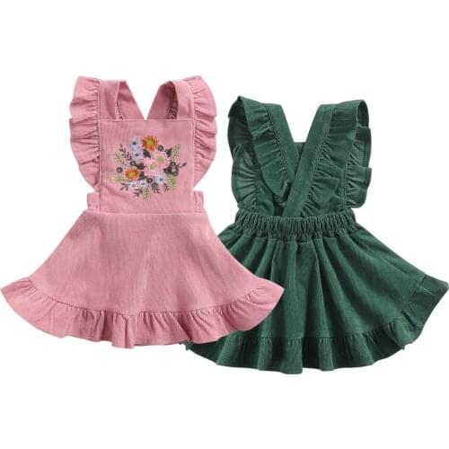 New 0-3Y Children Girls Casual Dresses Kid Princess Solid Ruffles Flower Embroidered Corduroy Suspender Dress Casual Outfits