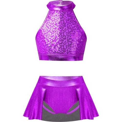 Girls Shiny Metallic Ballet Tutu Dance Wear Kids Sleeveless Sequins Crop Top with Bottoms Contemporary Dance Ballet Costumes