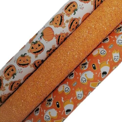 Orange Glitter leather, Halloween Pumpkins Ghosts Printed synthetic leather with Felt Backing For Bow A4 21x29CM KM629