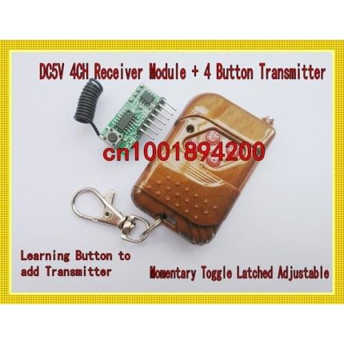 DC5V 4CH Receiver Module Board +4 Button Transmitter Learning Code Momentary Toggle Latched Adjustable Receiver.Mini Size Small