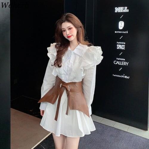 Woherb Elagant Women Mini Shirt Dress Lantern Long Sleeve Lady Short Dress Turndown Collar Party Dress Female Dresses Vestidos