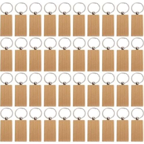 40Pcs Blank Rectangle Wooden Key Chain Diy Wood Keychains Key Tags Can Engrave Diy Gifts