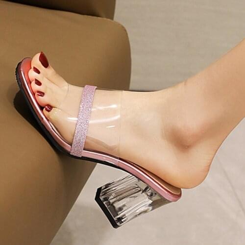 Summer Slipper 2021 New Fashion Transparent Peep Toe Block High Heels Mules Plus Size 32 48 Shoes Woman Black Purple Gold Silver