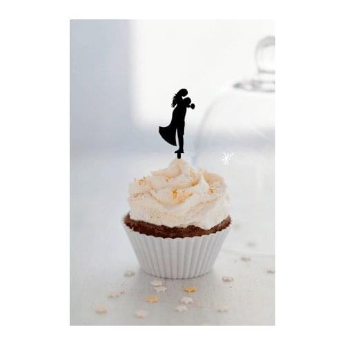 24pcs/lot Sweet Couple Bride & Groom Cupcake Topper for Cupcake Decorations Wedding Decorations black acrylic