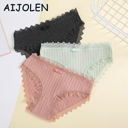 AIJOLEN Threaded Cotton Panties Low Waist Lace Underwear Women Breathable Solid Color Panties Comfortable Elastic Close-fitting