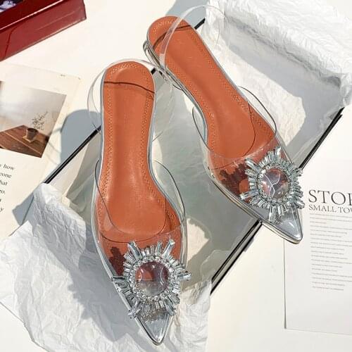 2021 Summer Rhinestone Silver Flat Woman Sandal Lady PVC Sandal Flat Shoes Sexy Low Heel Crystal Womens Shoe Cover Toe Clear