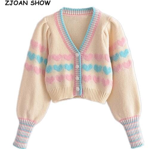 2021 Kawaii Retro Heart Knitted Cropped Cardigan Vintage Woman V neck Puff Sleeve Sweater Short Knitwear Jumper