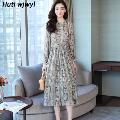 2021 Vintage Print Long Sleeve Midi Dresses Spring Autumn Chiffon Casual Maxi Dress Elegant Women Bodycon Party Runway Vestidos