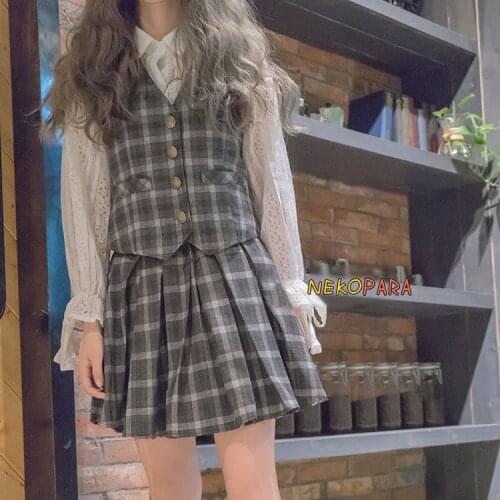 Super Cute Preppy Style Plaid Vest+Plaid Mini-skirt+White Turn-down Neck Lace Hollow Out Loose Shirt 3Pcs Set Sweet
