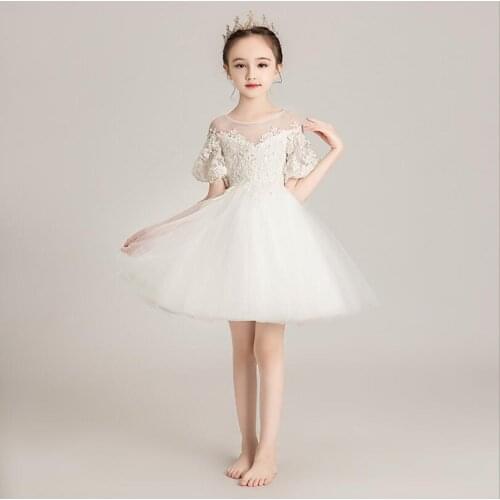 White Lace Tutu Princess Dresses For Girl Elegant Flower Birthday Party Girl Evening Ball Gown Kids Wedding Christmas Vestidos