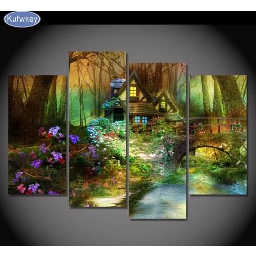 Flowers forest trees house,4pcs/set,Needlework Diy Diamond Embroidery Diamond Painting Cross Stitch Full Square Diamond Mosaic