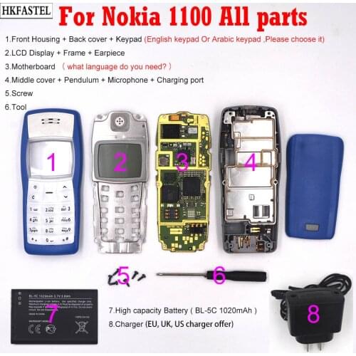 For Nokia 1100 Mobile Phone Full Housing back battery door cover keypad LCD Display Motherboard Earpiece BL-5C 5C Charging Tool