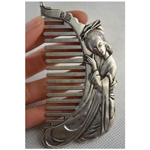 Viejos coleccionables decorados a mano tallado de plata Miao Belle Noble raro peine Decoración